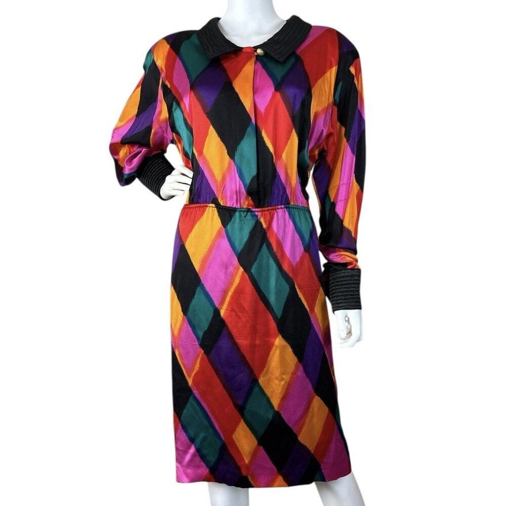 Vtg Louis Feraud Silk 80s Diamond Geo Print Cocktail Dress Multicolor Size US 10